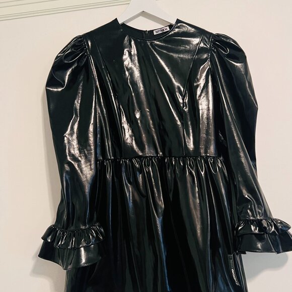 BATSHEVA Black PVC mini dress with ruffled sleeves - Picture 2 of 5